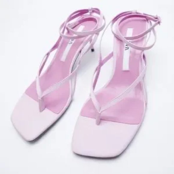 ZARA Heeled Leather Square Toe Sandals Mauve - Picture 3 of 9